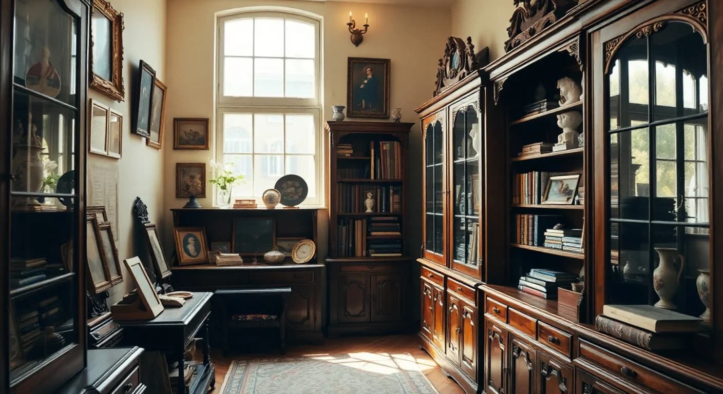 Montres anciennes, bijoux et collier de perles réunis sur un bureau d’expert