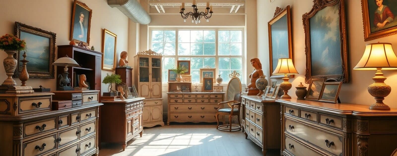 Intérieur d'une boutique d'antiquités : commodes anciennes, lampes et tableaux