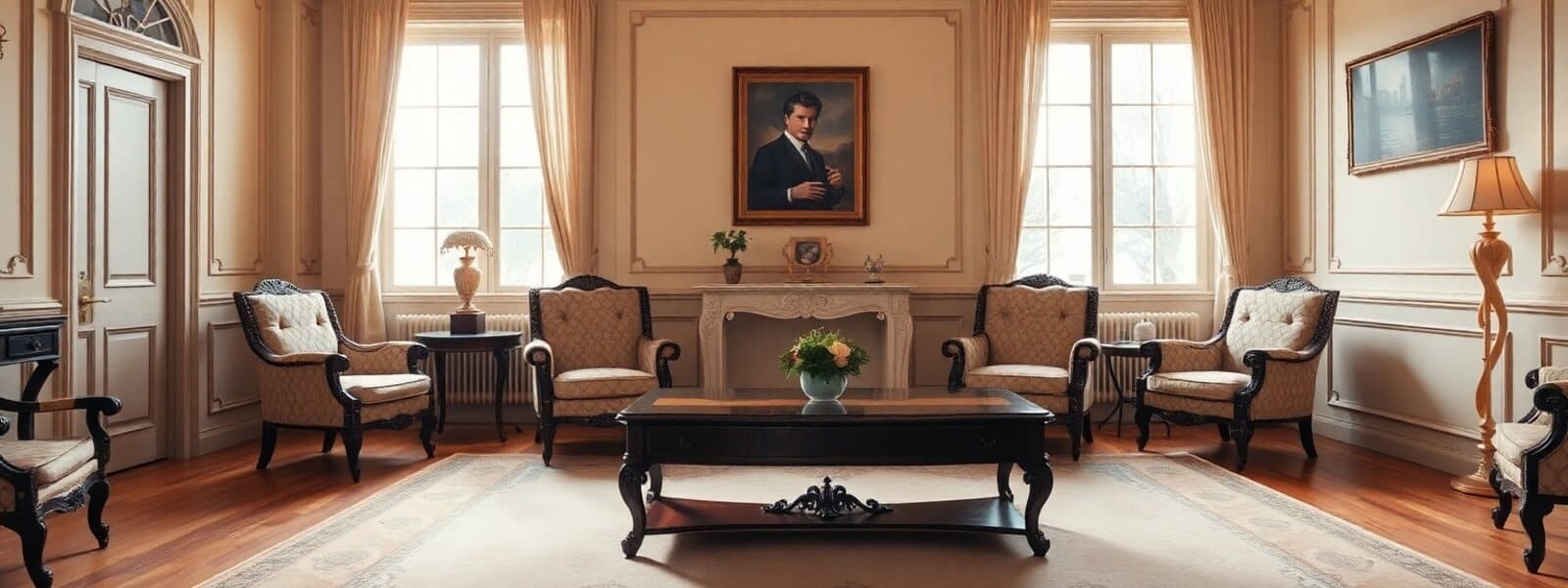 Salon ancien avec fauteuils tapissés et table basse laquée, lors d’une succession