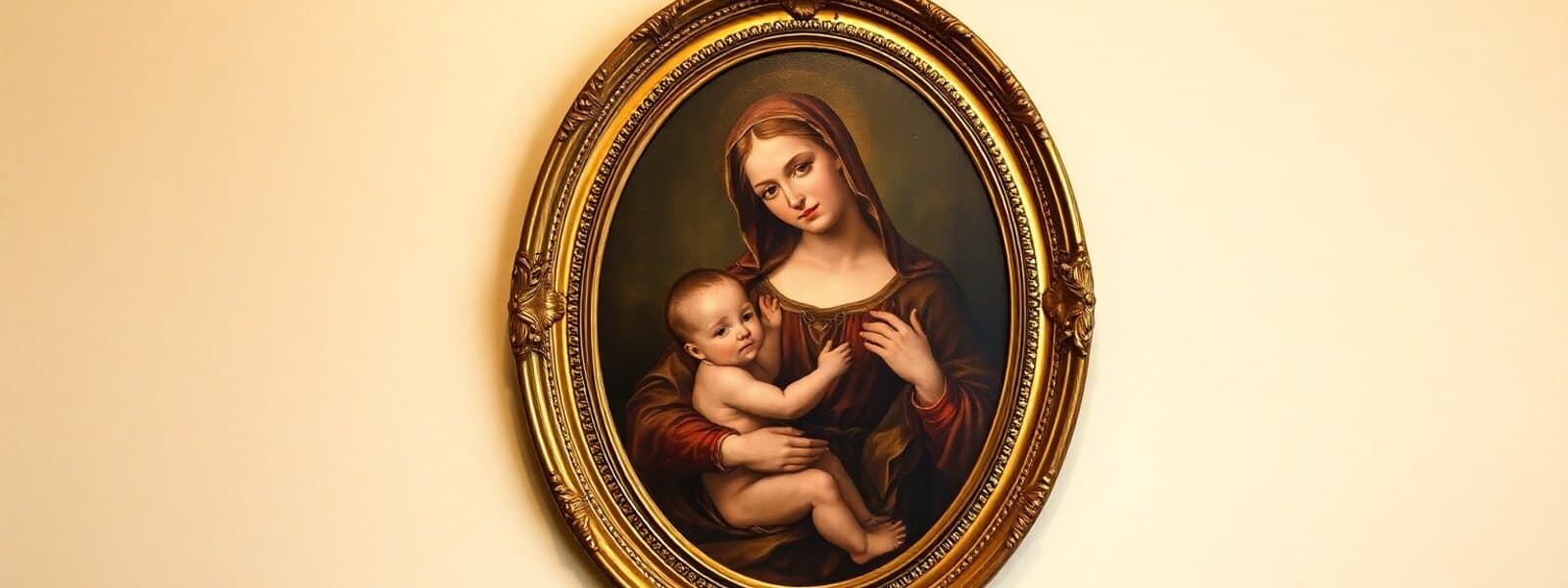 Vierge à l'Enfant, peinture ancienne dans un cadre doré ovale