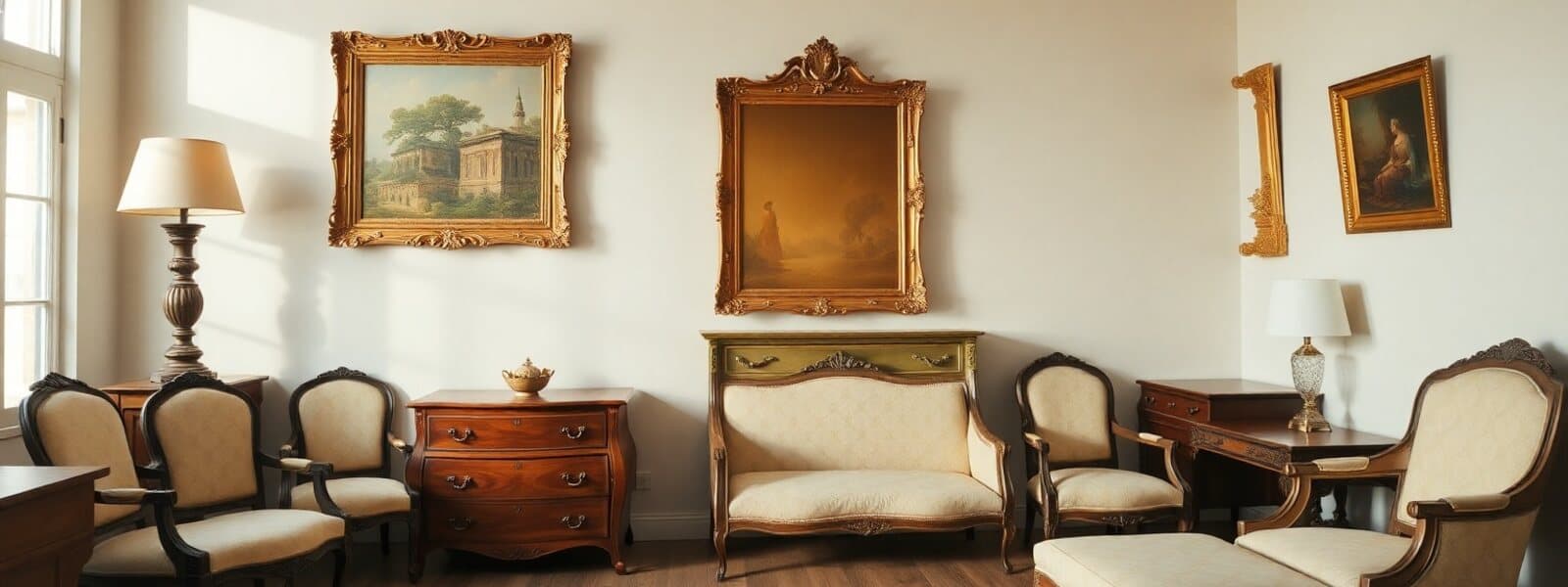 Mobilier ancien trié et réuni pour estimation lors d’un débarras