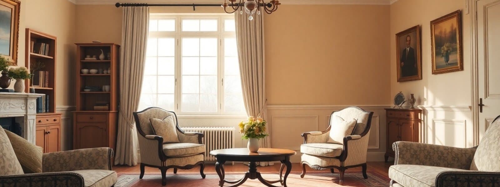 Salon d’appartement ancien avec fauteuils et meubles de famille