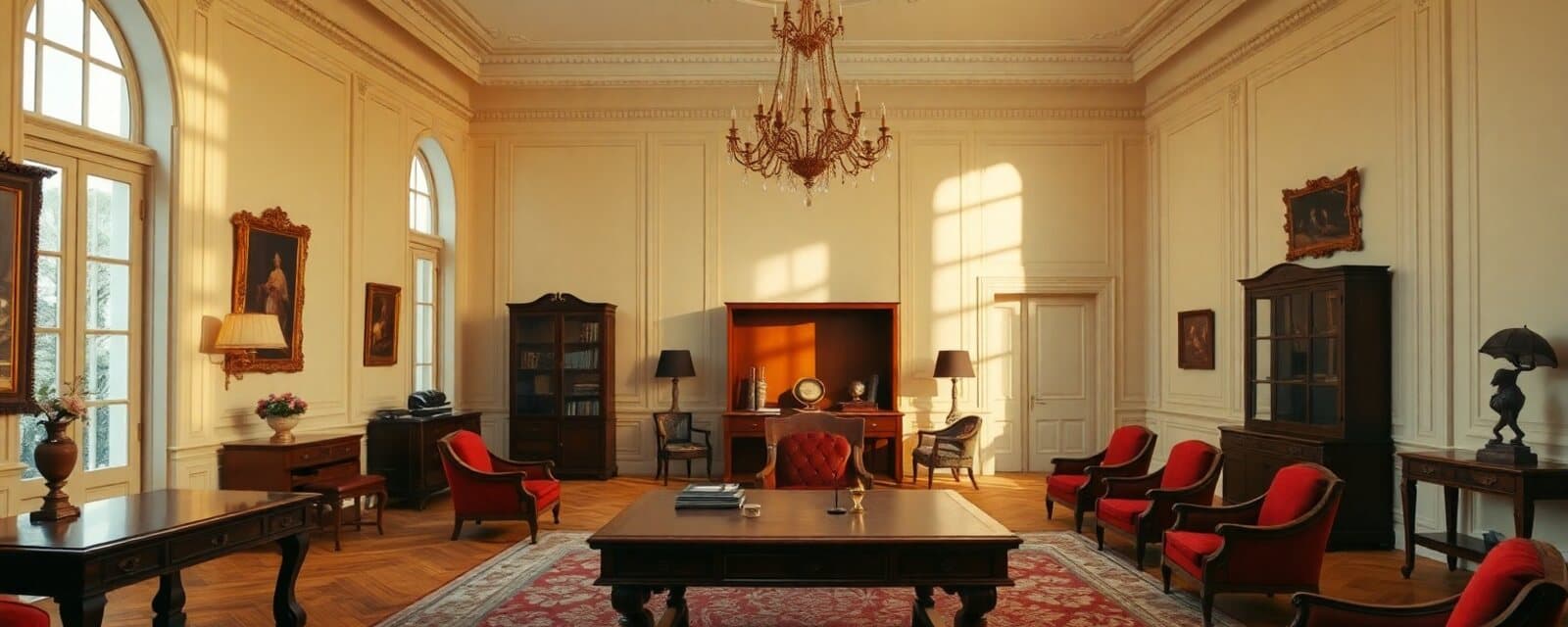 Grand salon meublé d'antiquités : bureau plat, sièges rouges et lustre