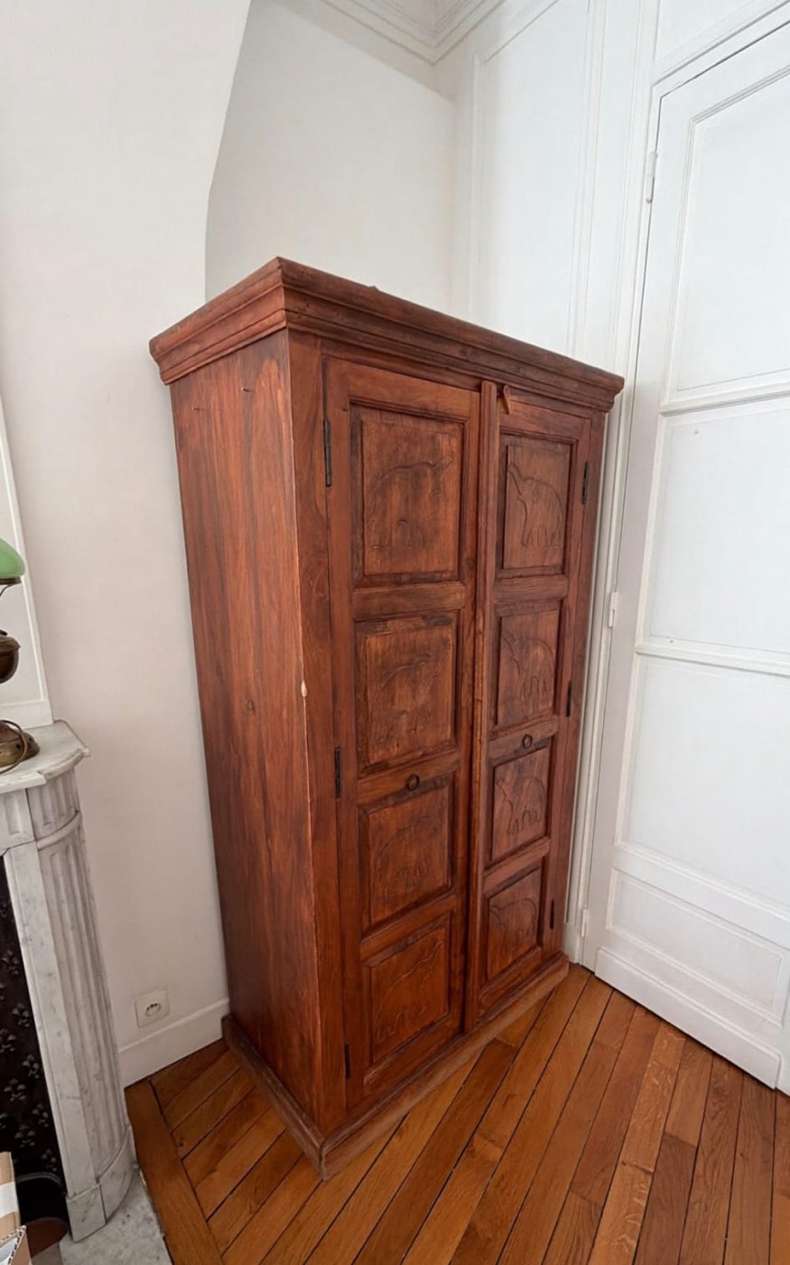 Armoire ancienne en bois exotique sculpté à décor d'éléphants, à deux portes, posée sur parquet ancien.