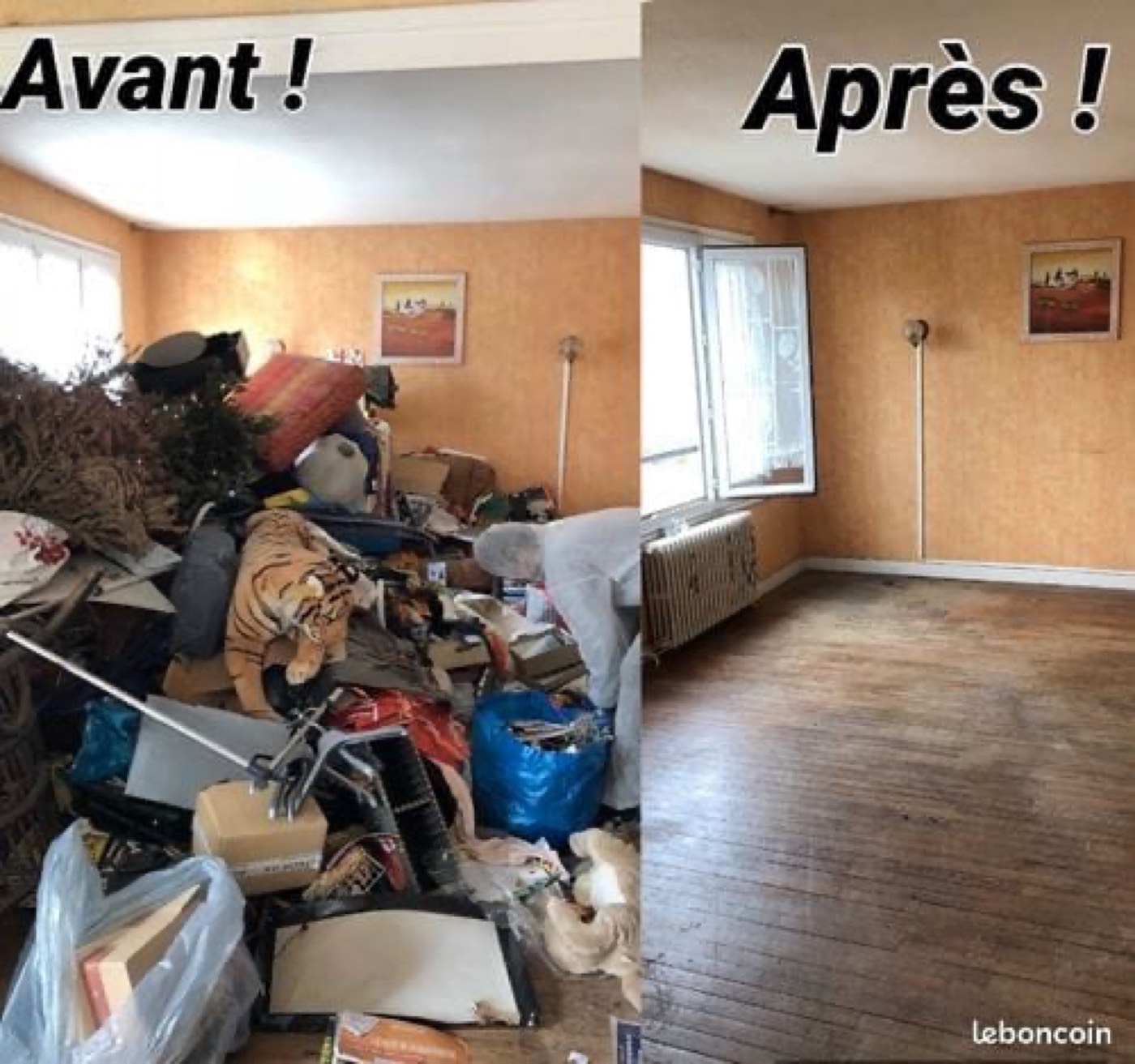 Débarras complet d'un appartement, photos avant et après montrant la pièce entièrement vidée et nettoyée.