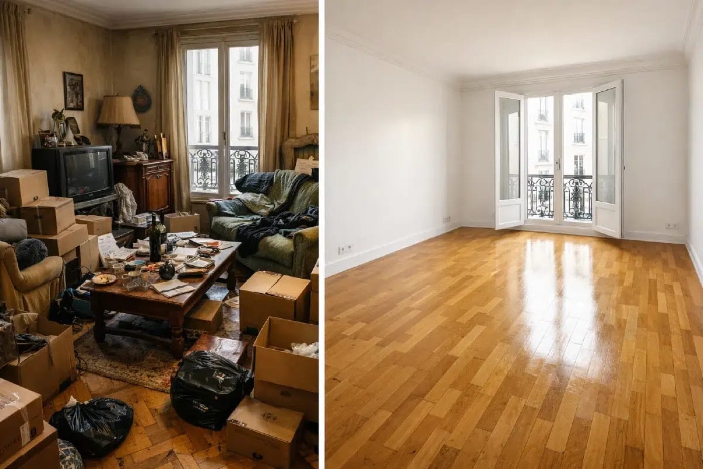Débarras d'un appartement parisien, salon encombré puis entièrement vidé avec parquet remis en valeur.