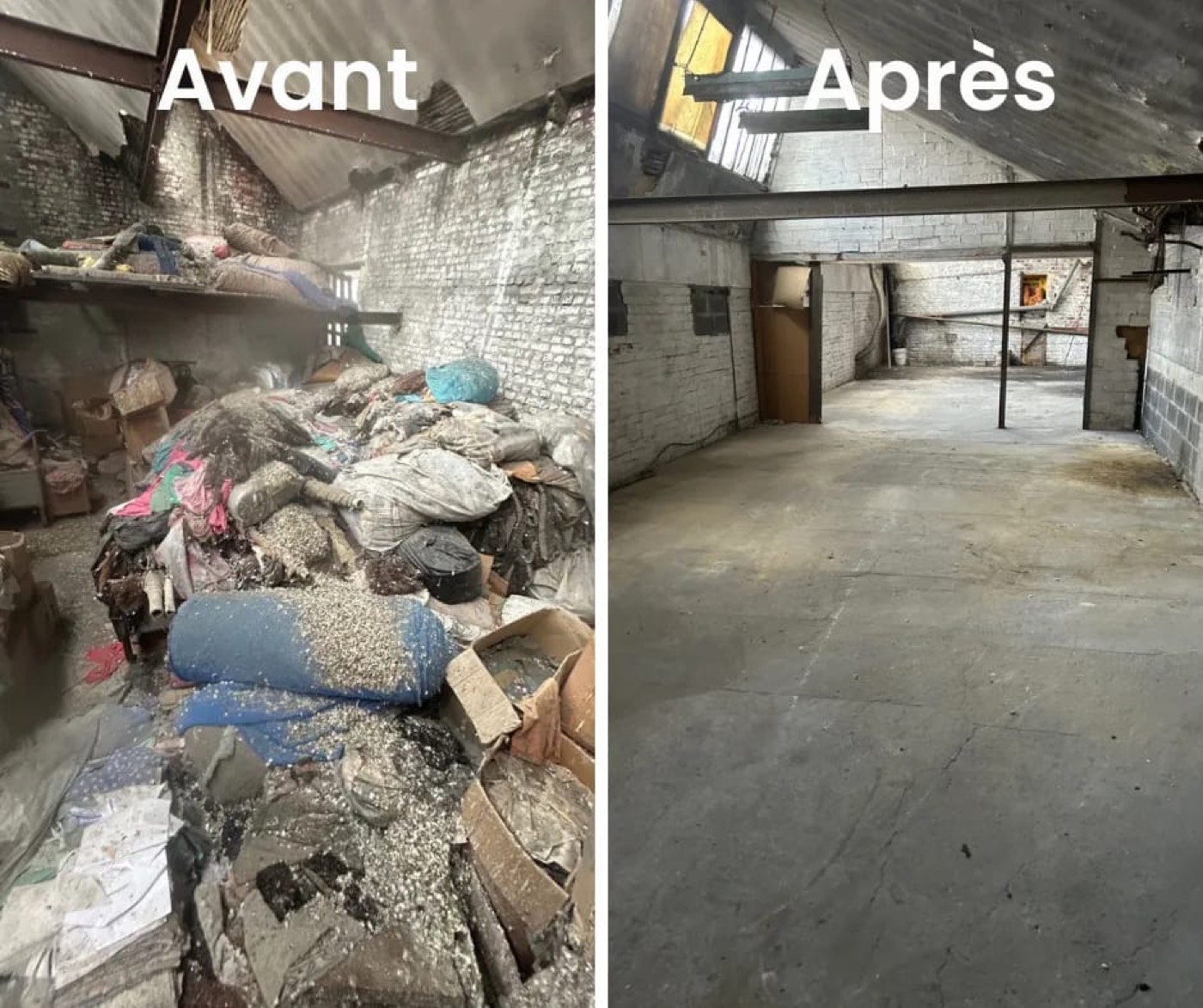 Débarras d'un hangar industriel encombré de gravats et déchets, avant et après remise en état.