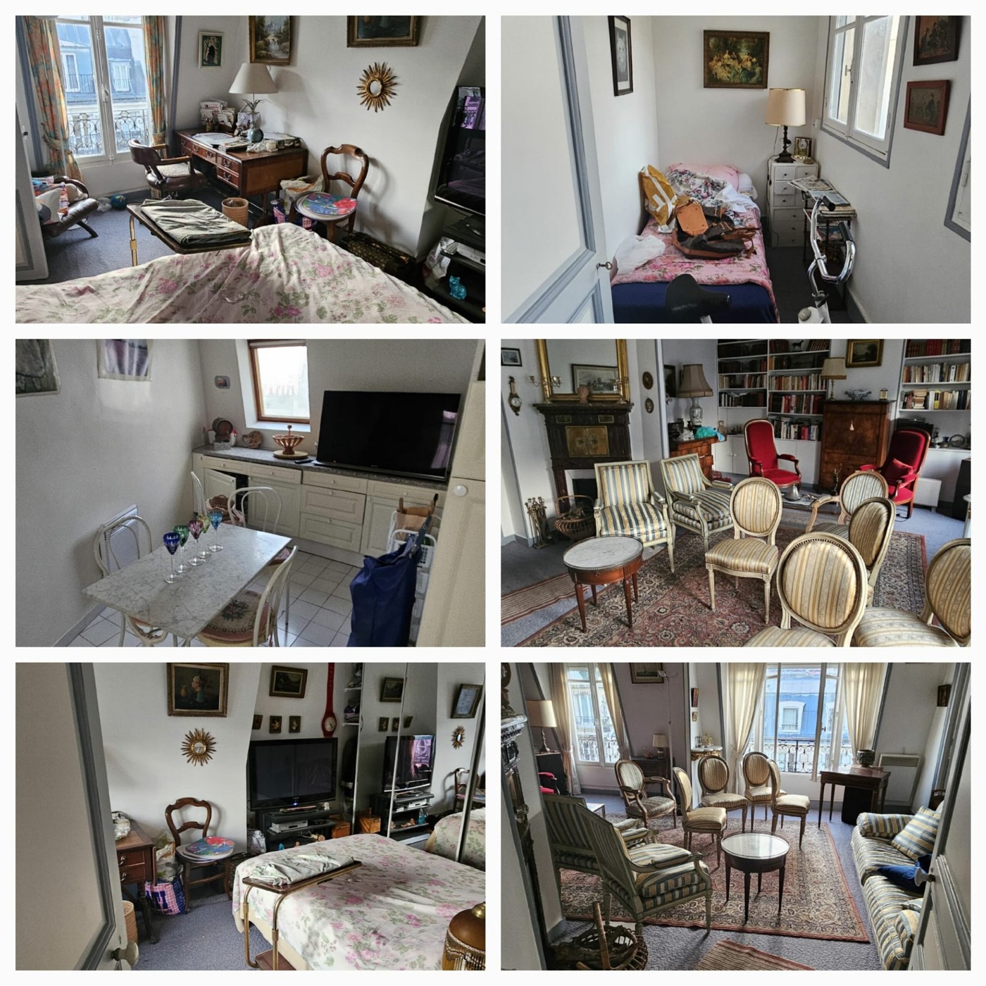 Débarras de succession avec mobilier ancien, fauteuils médaillon, tables et miroirs dans un appartement bourgeois.
