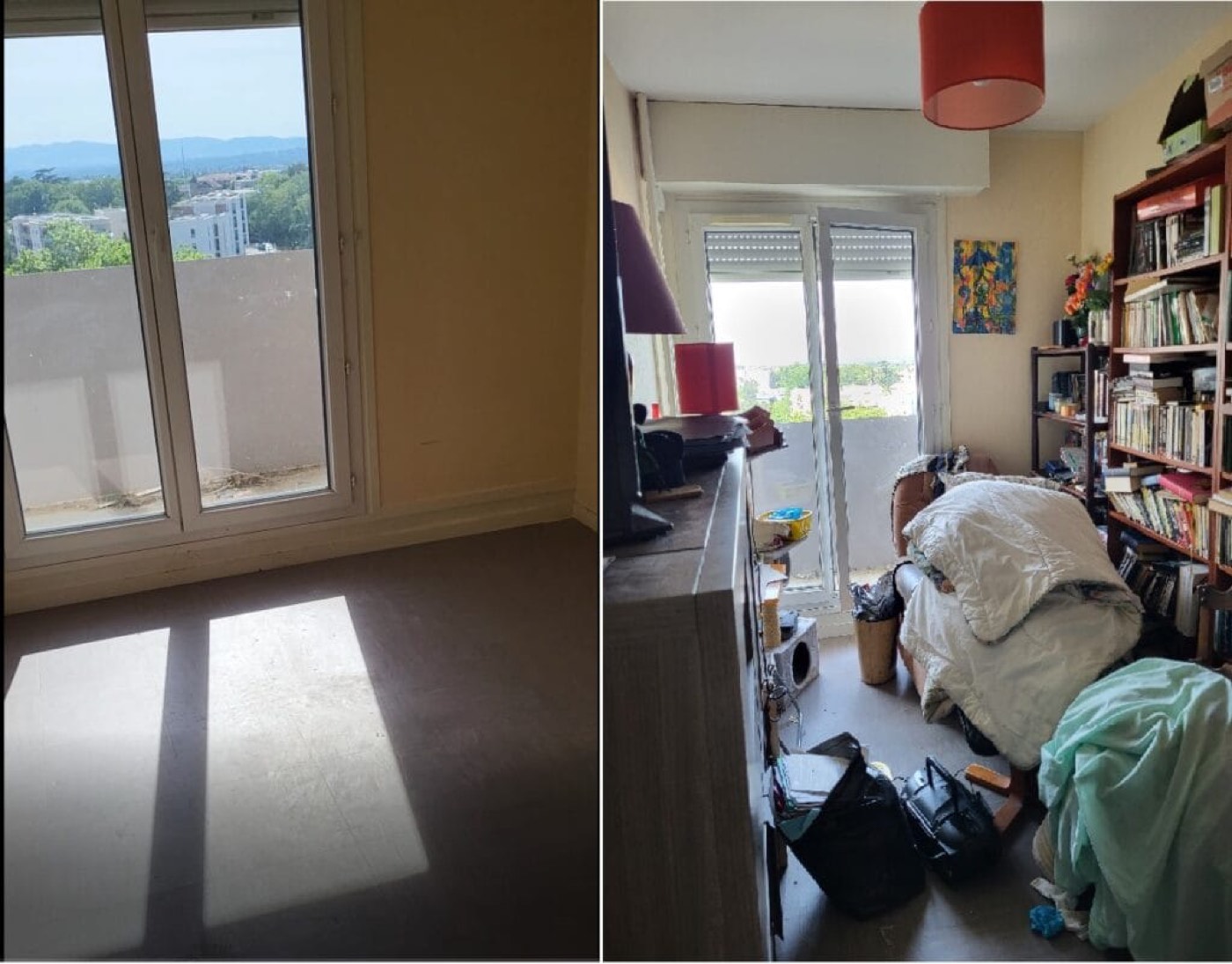 Vide-appartement avant et après, pièce encombrée de meubles et livres puis entièrement dégagée.
