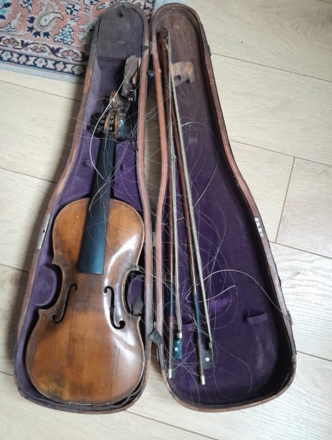 Violon ancien en bois verni présenté dans son étui d'origine avec deux archets.